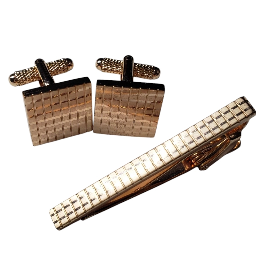 🔷️Cufflinks and Tie Clip Set Rose Gold Tone Metal Wedding Formal Tux